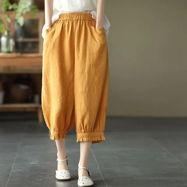 Sweet Artistic Lace Solid Color Women's Cropped Pants Yellow - Shop at LoveMi