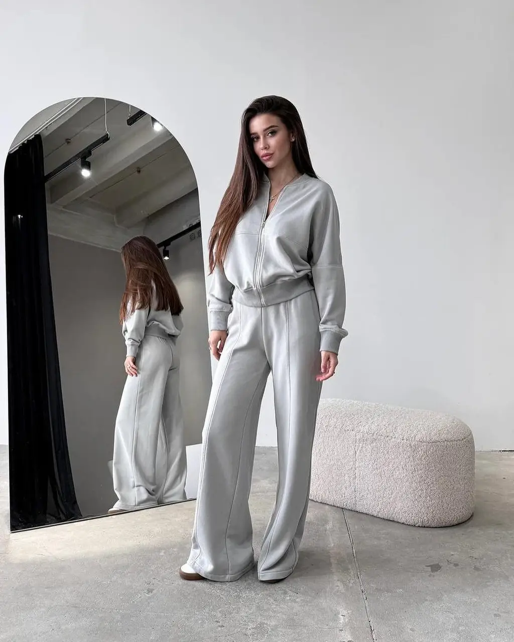 Spring Fashion Solid Colour Zipper Cardigan Straight-leg Pants Women's Suit - Light Grey
