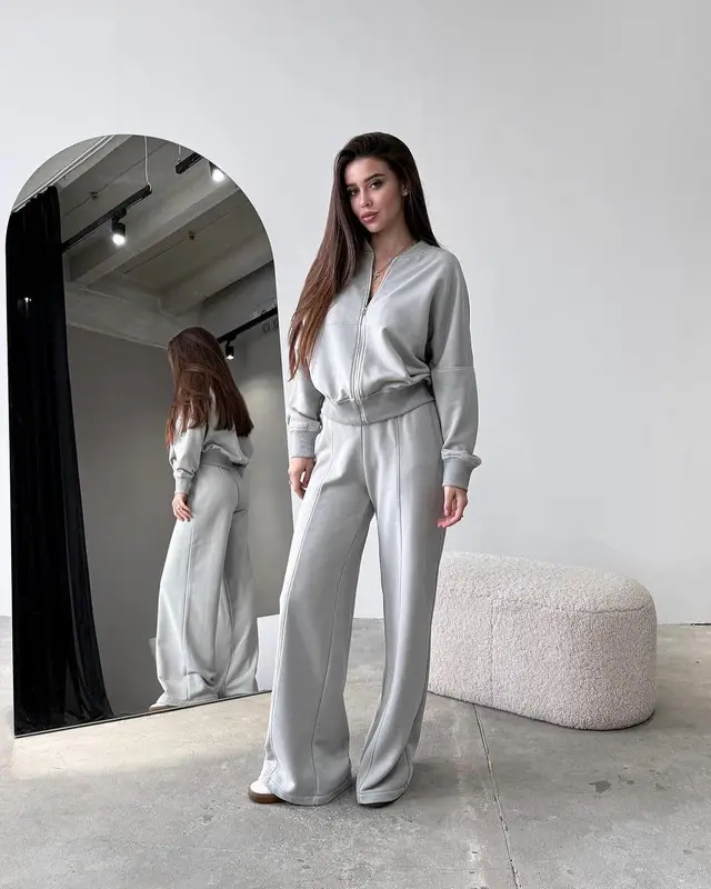Spring Fashion Solid Color Zipper Cardigan Straight leg Pants Women's Suit Light Gray - Shop at LoveMi