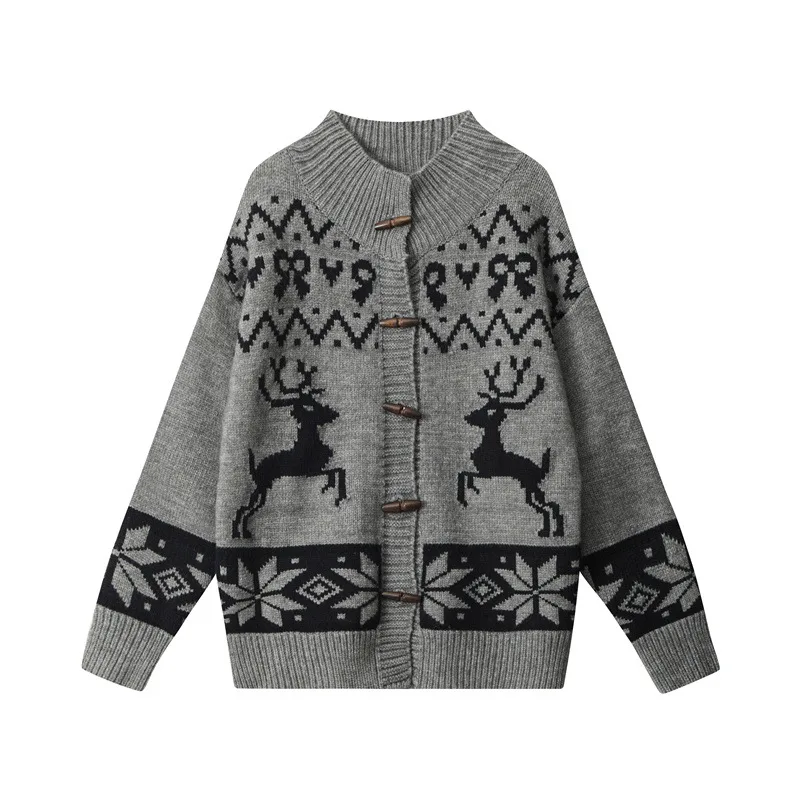 Loose Knitted Jacquard Horn Button Retro Women's Cardigan Sweater Flower Gray - Shop at LoveMi