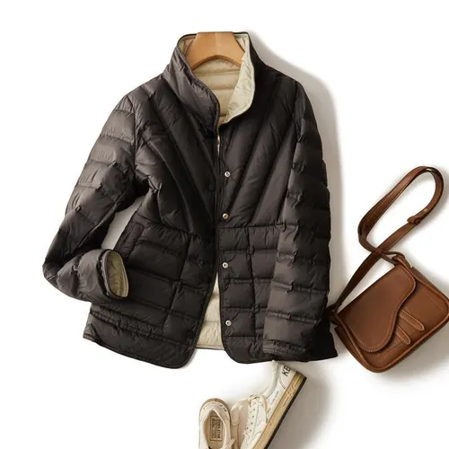 Double sided Wearable Adhesive Stand Collar Single breasted White Duck Short Down Jacket Coat Black - Shop at LoveMi