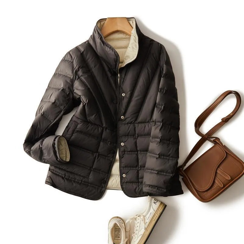 Double-sided Wearable Adhesive Stand Collar Single-breasted White Duck Short Down Jacket Coat - Black