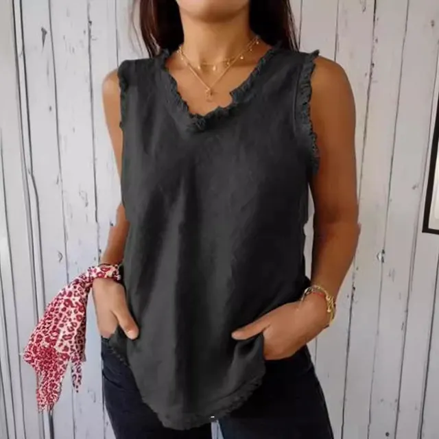 Stitching Casual Solid Color Loose fitting Large Size Cotton And Linen Top Black - Shop at LoveMi