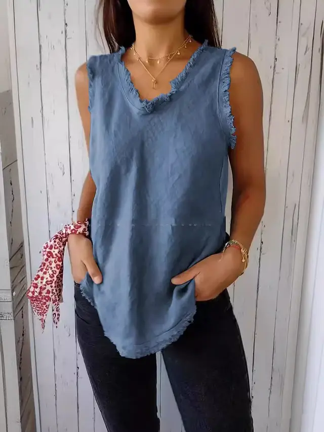 Stitching Casual Solid Color Loose fitting Large Size Cotton And Linen Top Blue - Shop at LoveMi