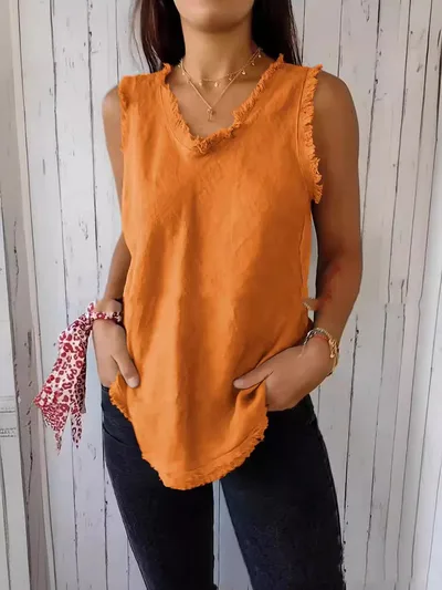 Stitching Casual Solid Color Loose fitting Large Size Cotton And Linen Top Orange Red - Shop at LoveMi