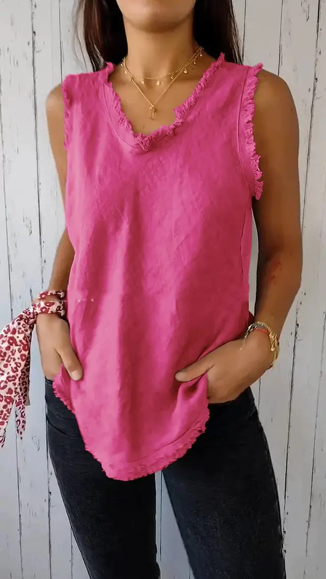 Stitching Casual Solid Color Loose fitting Large Size Cotton And Linen Top Rose Red - Shop at LoveMi