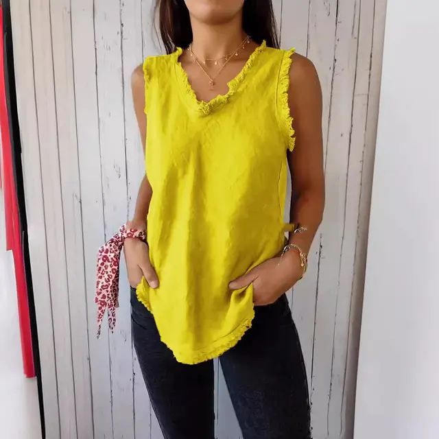 Stitching Casual Solid Color Loose fitting Large Size Cotton And Linen Top Yellow - Shop at LoveMi