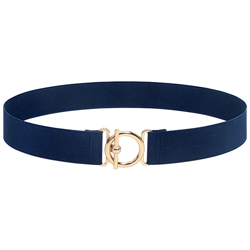 Women's Elastic Waistband Fashion Stretch Corset Korean Style Versatile Dress Decoration Thin Belt - Gold Buckle Dark Blue