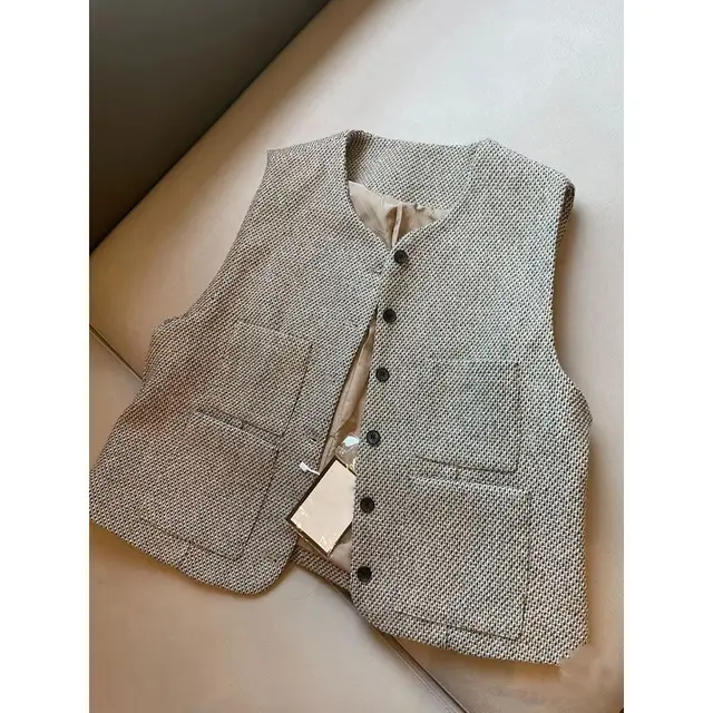 Spring And Autumn New Elegant Woolen Classic Style Vest Women's Korean style Outer Wear Sleeveless Single breasted Vest Waistcoat Fashion Gray - Shop at LoveMi