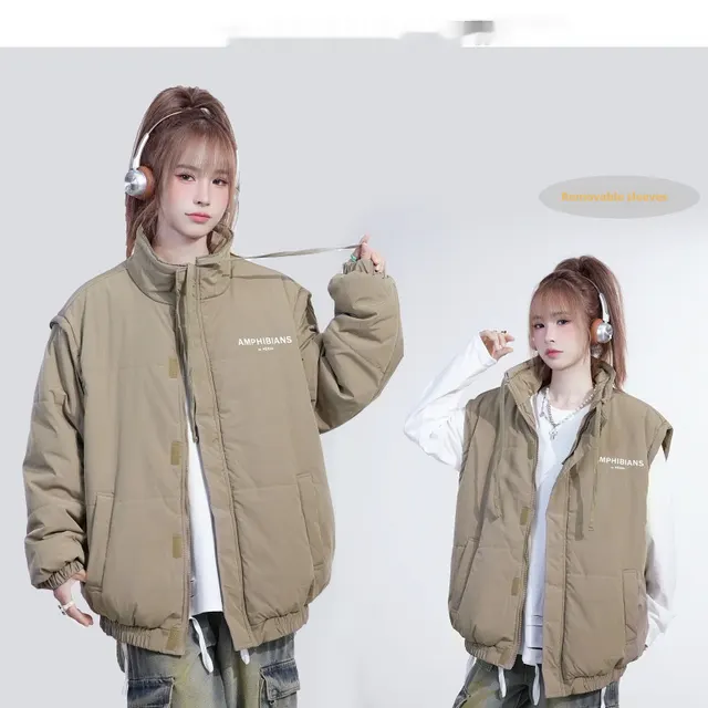 Two point Sleeve Detachable Vest Down Jacket Niche Bread Coat Khaki - Shop at LoveMi