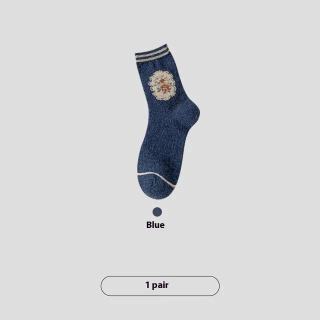 Vintage Small Flower Wool Socks Fleece Lined Padded Warm Keeping Tube Socks Blue - Shop at LoveMi