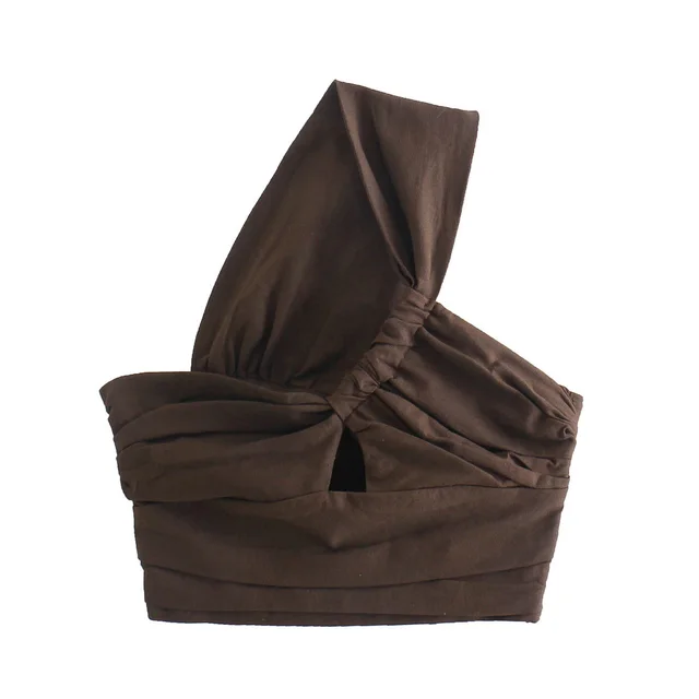 Hollow out One shoulder Versatile Linen Tube Top Brown - Shop at LoveMi