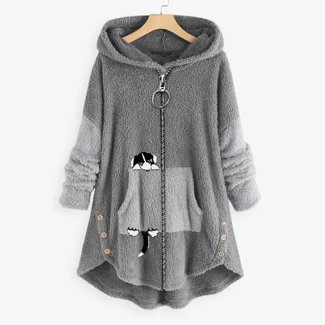 Loose Plus Size Plush Coat Hooded Long Sleeve Sweater Gray - Shop at LoveMi