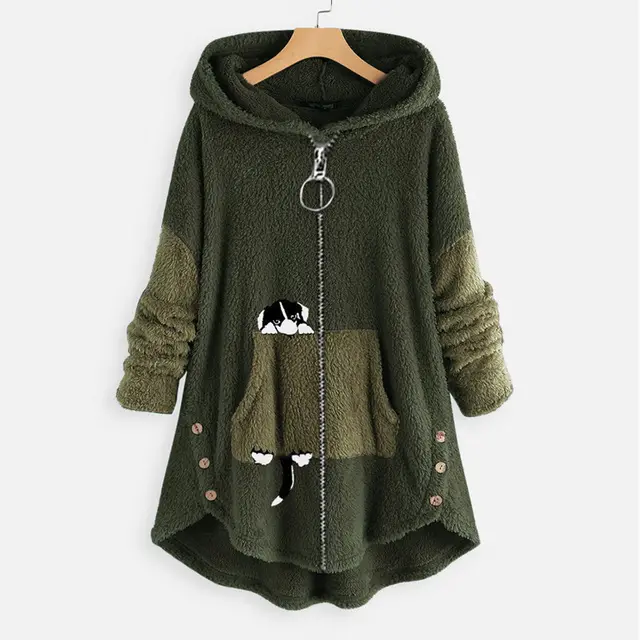 Loose Plus Size Plush Coat Hooded Long Sleeve Sweater Green - Shop at LoveMi