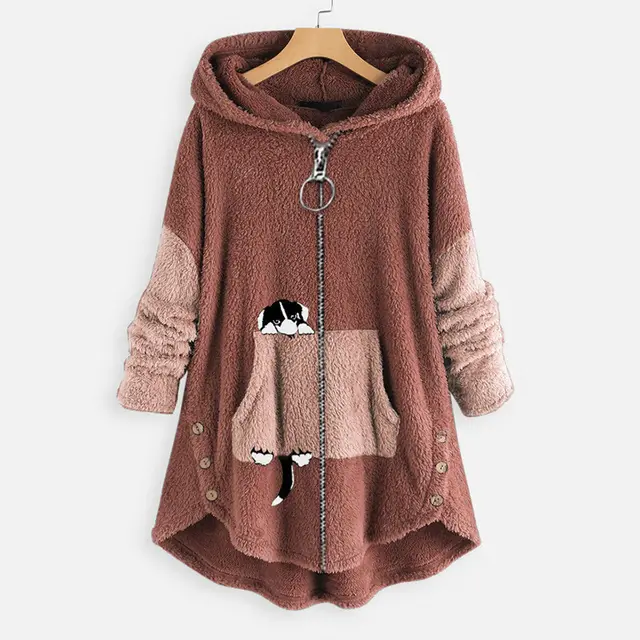 Loose Plus Size Plush Coat Hooded Long Sleeve Sweater Pink - Shop at LoveMi