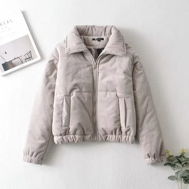 Street Fashion City Leisure Corduroy Cotton padded Coat Greige - Shop at LoveMi
