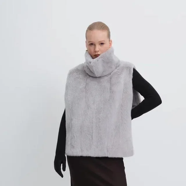 Brown Half Turtleneck Fur Waistcoat Sleeveless Top Light Grey - Shop at LoveMi