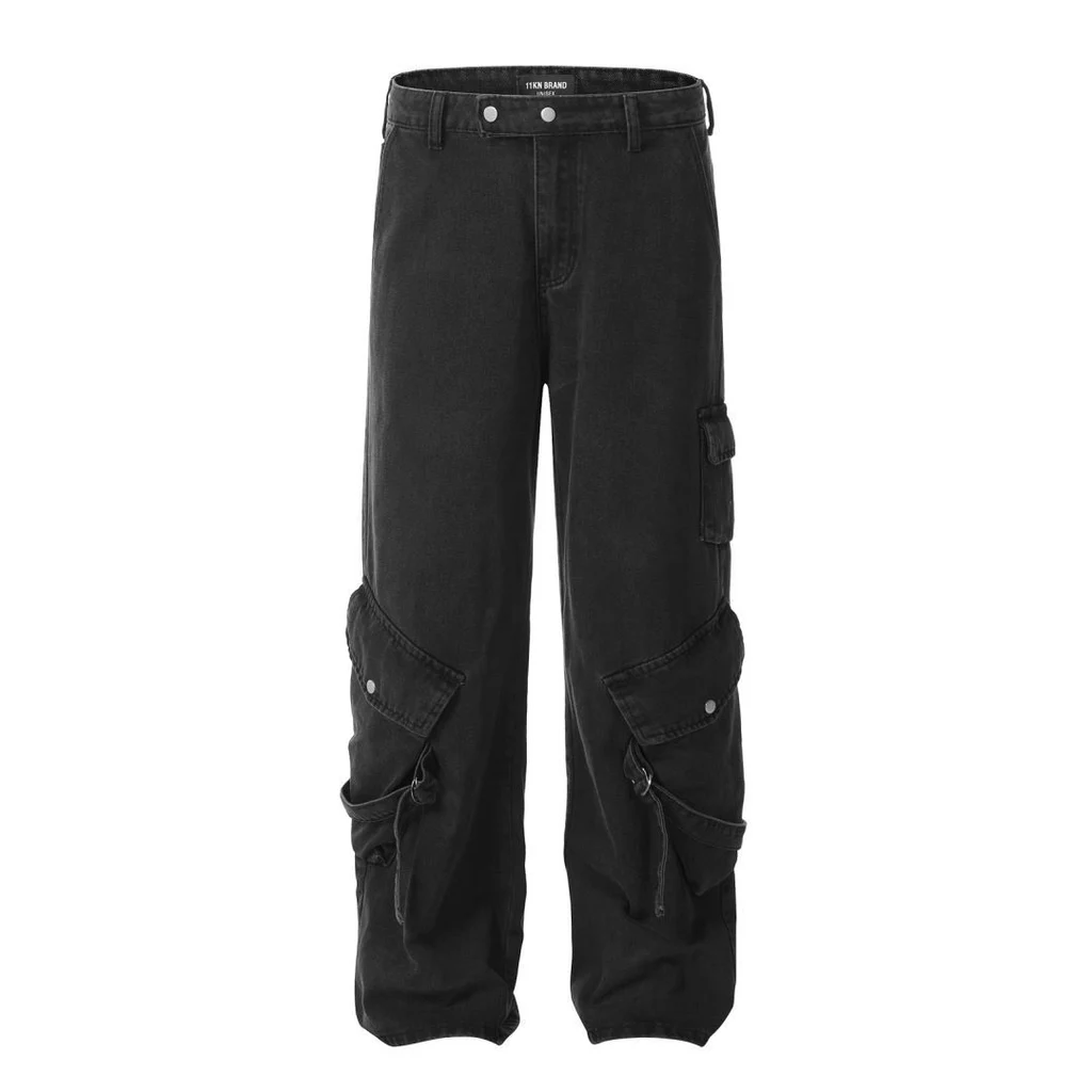 American High Street Pu Handsome Wide-leg Pants Retro Distressed Multi-pocket Pants - Black