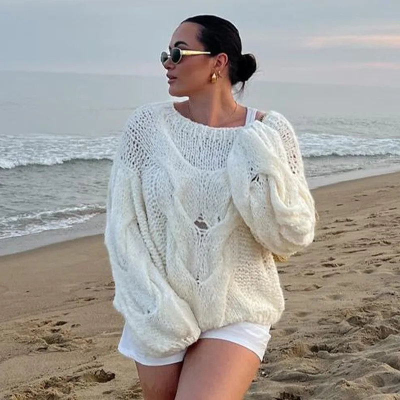 Solid Color Round Neck Cable knit Sweater Beige - Shop at LoveMi