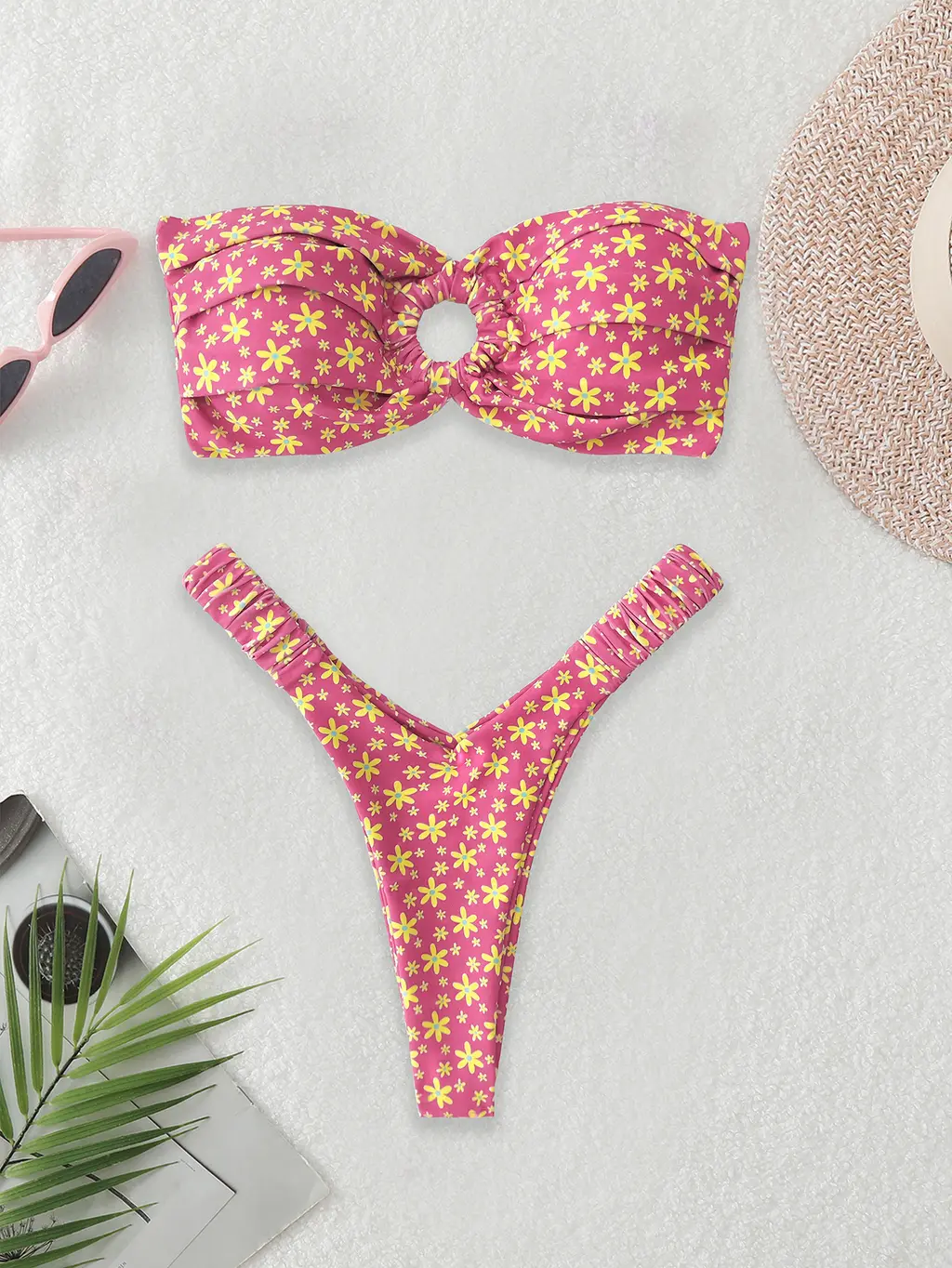 New-style Ring Pleated Digital Printing Split Swimsuit - Pink Floral