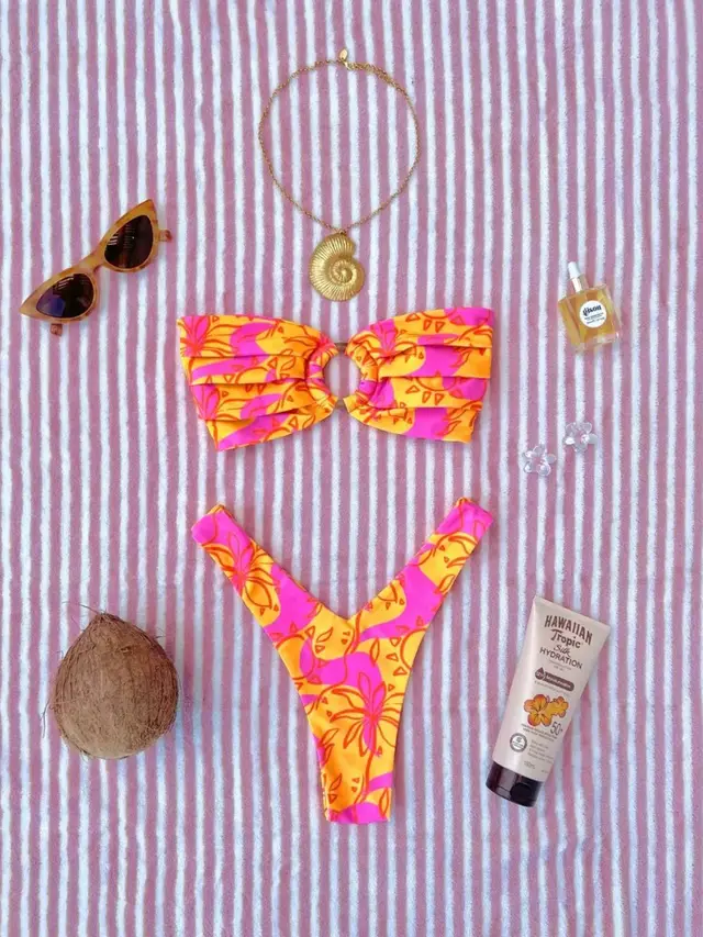 New style Ring Pleated Digital Printing Split Swimsuit Rose Red - Shop at LoveMi