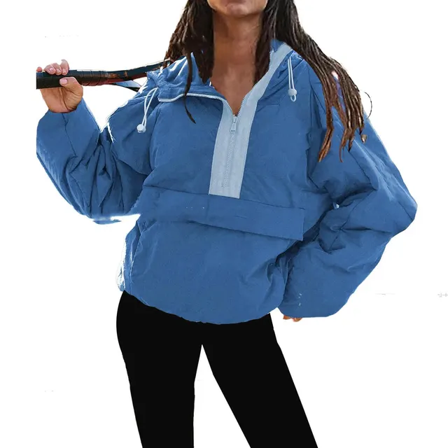 Tooling Style Hooded Sweater Contrast Color Blue - Shop at LoveMi