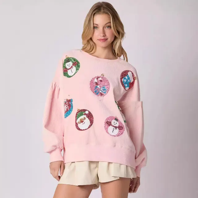 Women's Christmas Egg Sequined Long Sleeve Loose Sweatshirt Top Pink - Shop at LoveMi