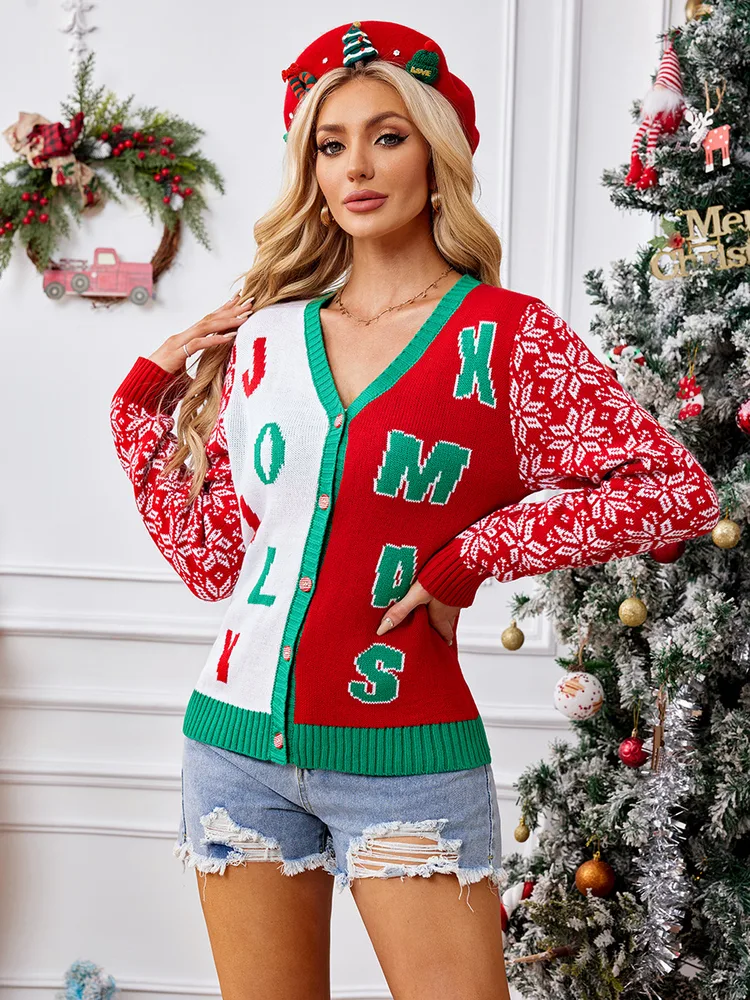 Christmas Sweater Red Casual Letter Jacquard V neck Knitted Cardigan Red Christmas Sweater - Shop at LoveMi