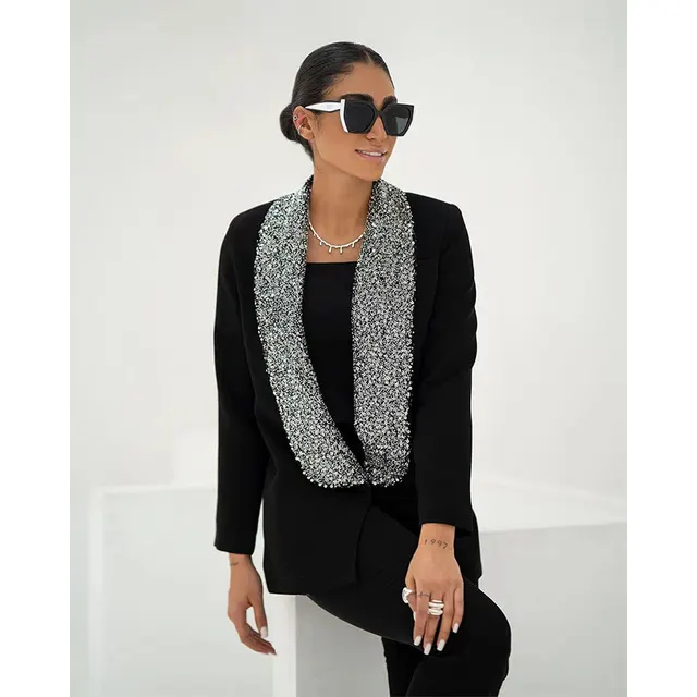 Black Shiny Sequined Deep V neck Blazer Black - Shop at LoveMi