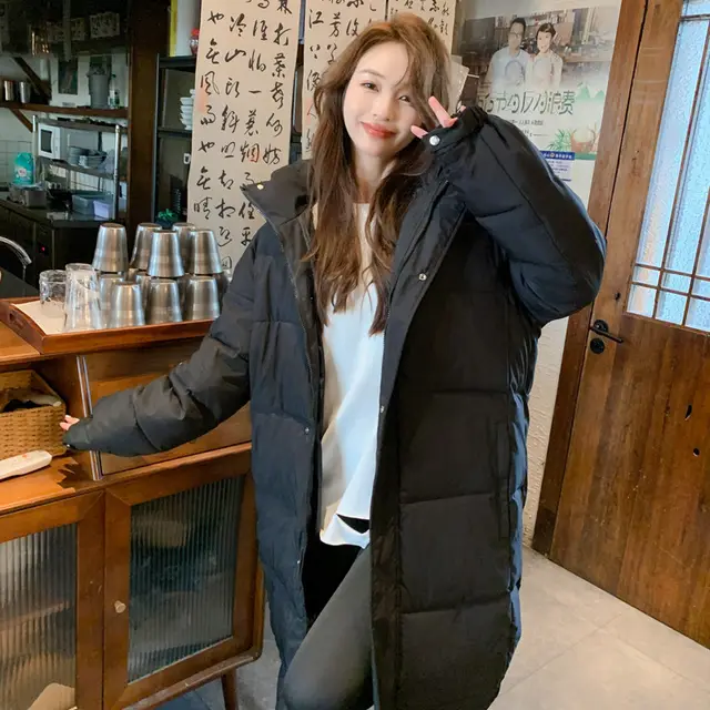 Long Overknee Down Cotton padded Coat Same Style Winter Thickened Korean Style Work Clothes Black - Shop at LoveMi