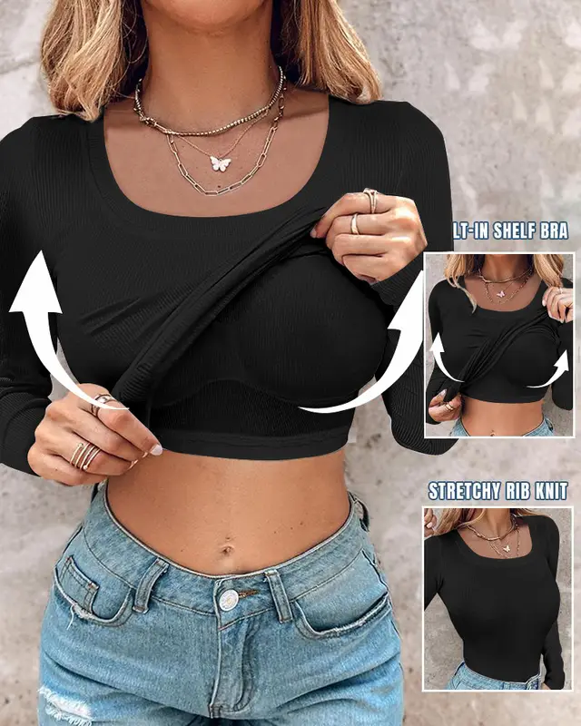 European And American Sunken Stripe U Tie Chest Pad Long Sleeve Top For Women Black - Shop at LoveMi