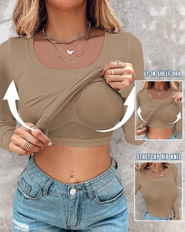 European And American Sunken Stripe U Tie Chest Pad Long Sleeve Top For Women Khaki - Shop at LoveMi