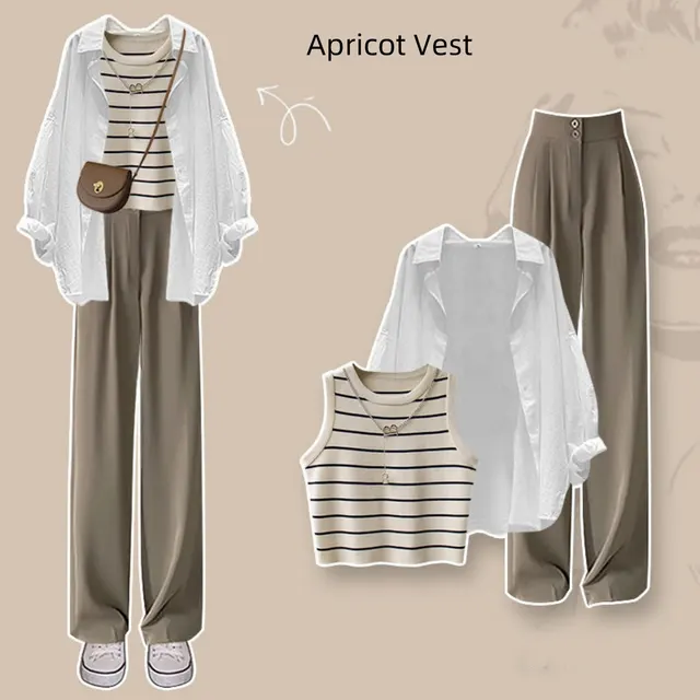 Spring Suit New Niche Design Shirt Striped Vest Wide Leg Pants Three piece Set Apricot Vest - Shop at LoveMi