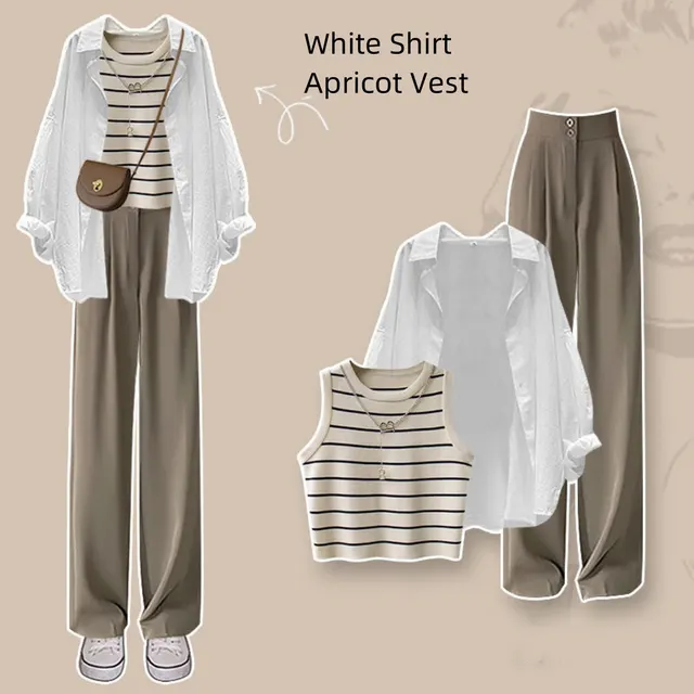 Spring Suit New Niche Design Shirt Striped Vest Wide Leg Pants Three piece Set White Shirt Apricot Vest - Shop at LoveMi