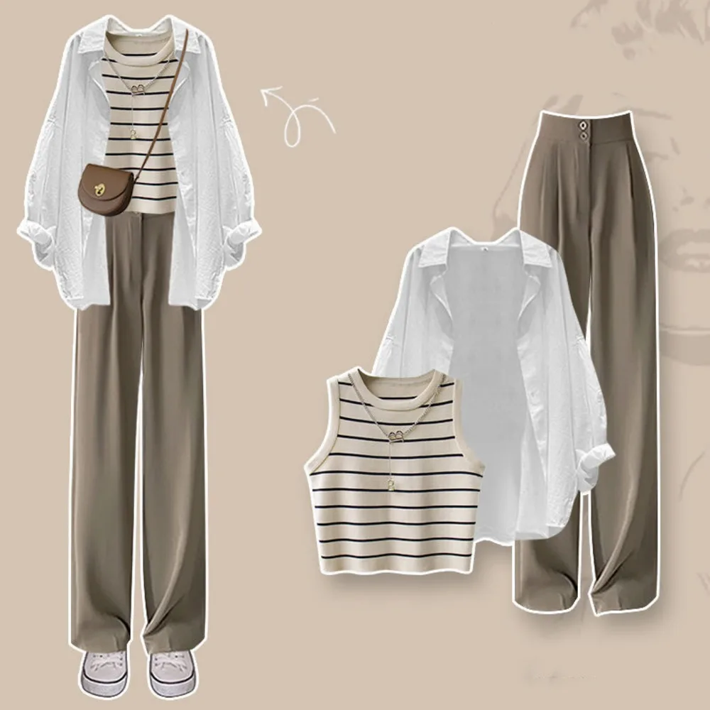 Spring Suit New Niche Design Shirt Striped Vest Wide Leg Pants Three piece Set White - Shop at LoveMi