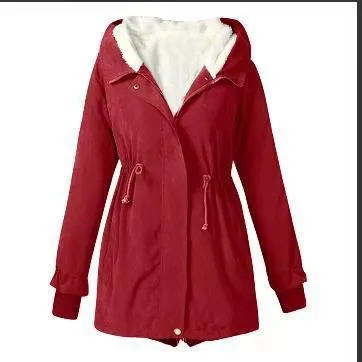 Women's Autumn And Winter Solid Color Casual Waist Tight Fleece lined Anorak Red - Shop at LoveMi