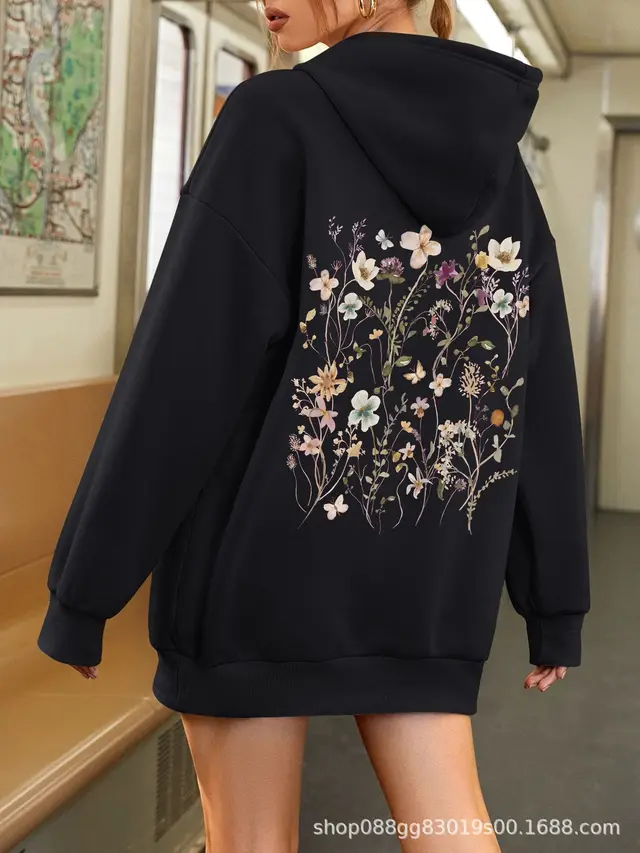 Lady's Flower Hoodie Plain Letter Sweater Black - Shop at LoveMi