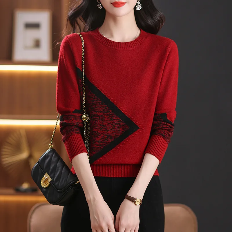 Round Neck Multicolor Sweater Sweaters Women's Clothing Long Sleeve Red - Shop at LoveMi