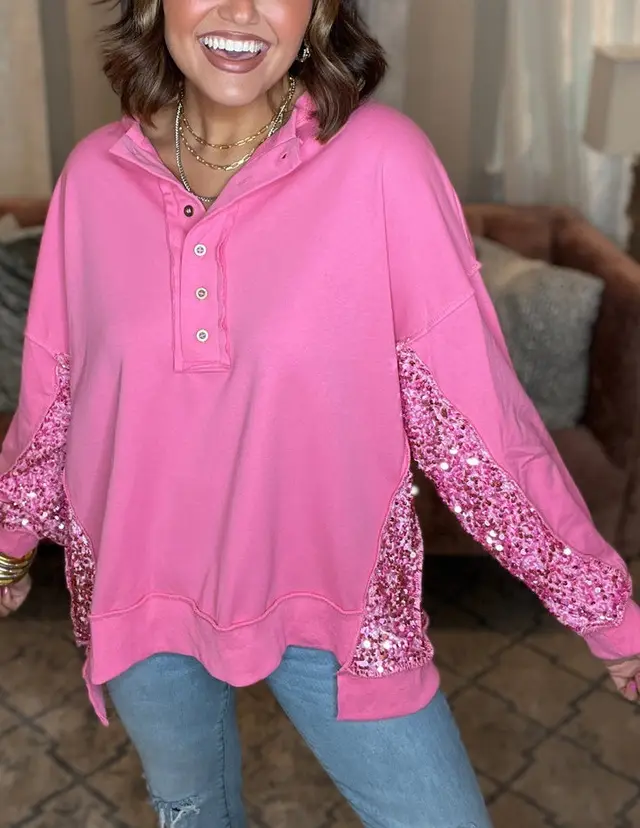 Winter New Loose Sequins Patchwork Sweater Pink - Shop at LoveMi