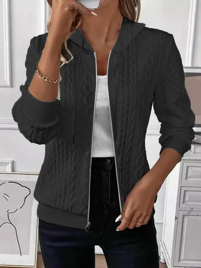 Solid Color Long Sleeve Knitted Zipper Hoodie Coat Black - Shop at LoveMi