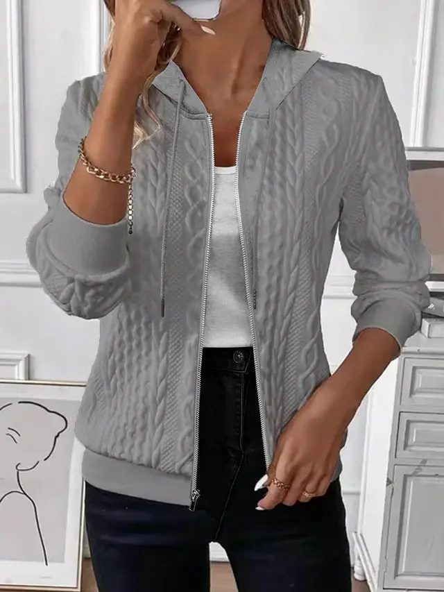 Solid Color Long Sleeve Knitted Zipper Hoodie Coat Gray - Shop at LoveMi