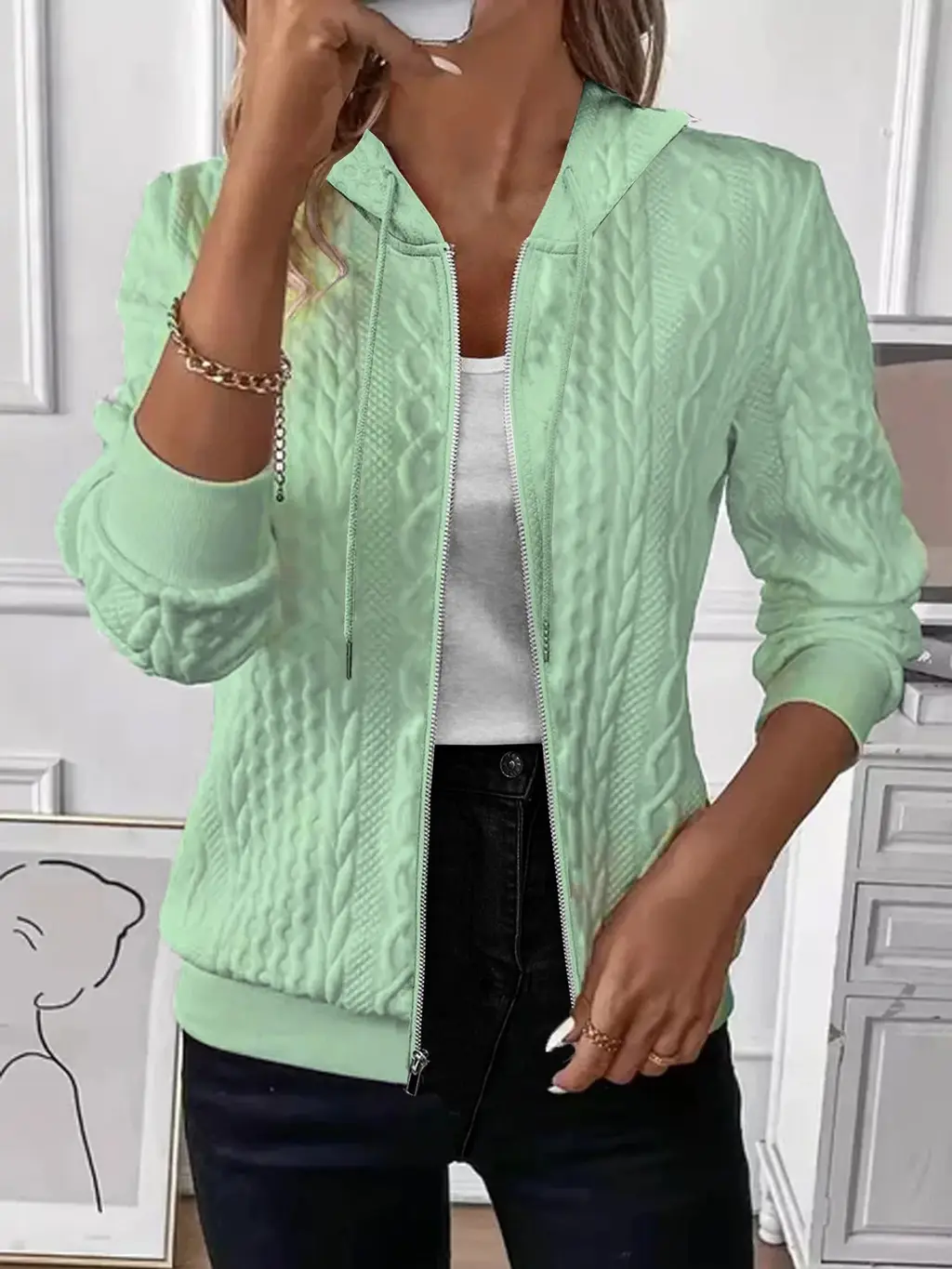 Solid Colour Long Sleeve Knitted Zipper Hoodie Coat - Green