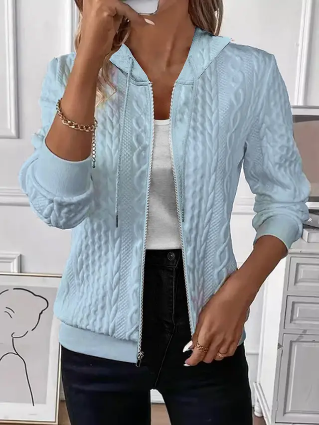 Solid Color Long Sleeve Knitted Zipper Hoodie Coat Sky Blue - Shop at LoveMi