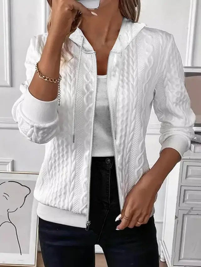 Solid Color Long Sleeve Knitted Zipper Hoodie Coat White - Shop at LoveMi