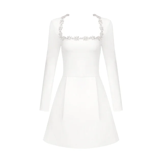 Women's Bead Long Sleeve Stretch Dress A Line Skirt White - Shop at LoveMi