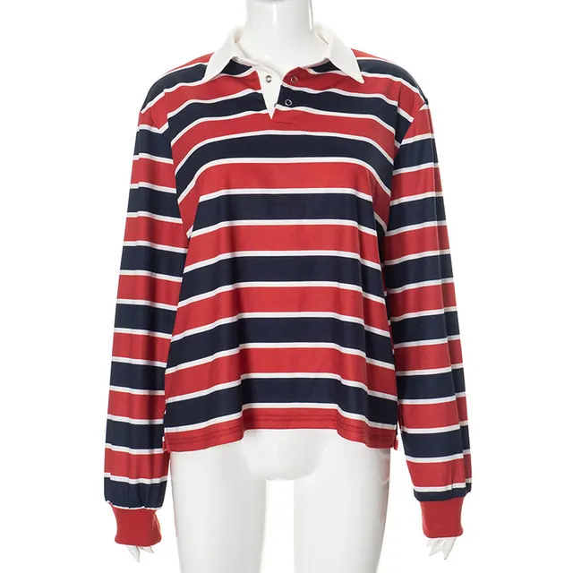 Women's American Street Striped Lapel Long Sleeve Short Top Red - Shop at LoveMi