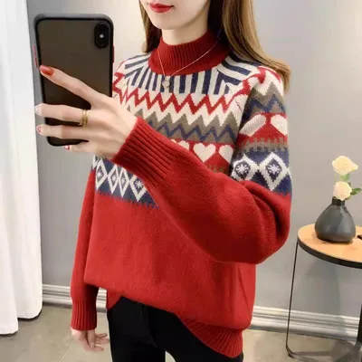 4 Autumn And Winter New Jacquard Inner Cashmere Sweater Thickened Red - Shop at LoveMi