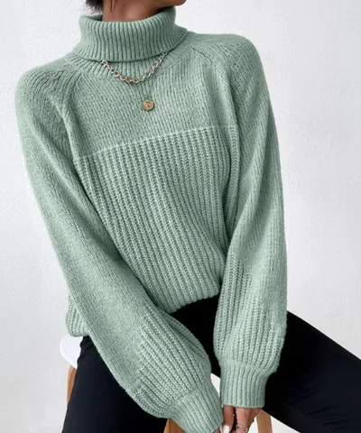 Simple Lapel Raglan Sleeves Pullover Knitted Sweater Women Bean Green - Shop at LoveMi
