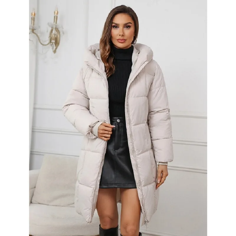 Women's Design Hooded Mid length Thickened Coat Off White - Shop at LoveMi