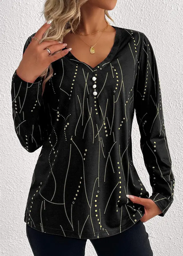 Casual Button Geometric Printed Long sleeved T shirt Black - Shop at LoveMi